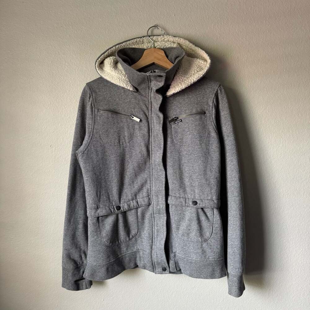 Y2K Roxy Sherpa Lined Moto Jacket Women’s Large Gray Hooded Zip 2000s
